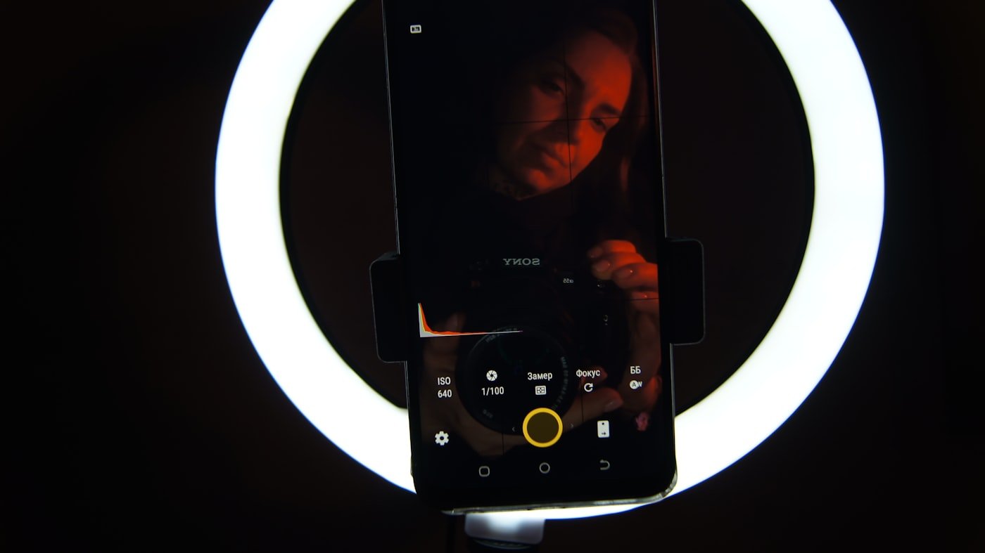 Phone mounted in a ring light